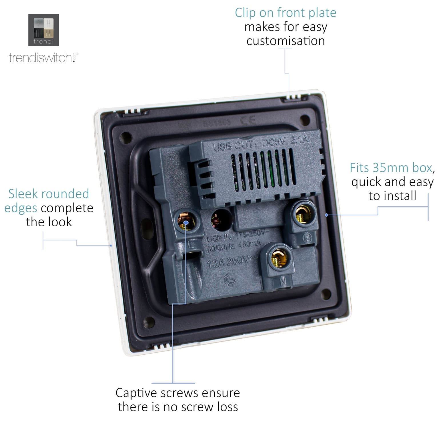 1 Gang Switched Single Socket 13A With 2 x USB-A 10W (Shared) With Neon Insert Matt Black ART-SKT13USBMBK  Trendi Matt Black